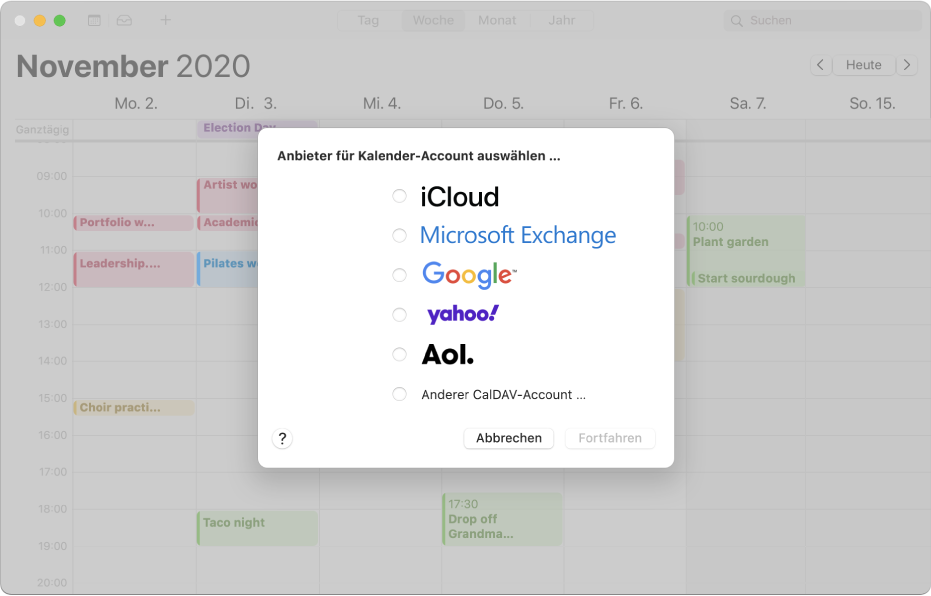 Ein Fenster „Kalender“ mit dem Bereich „Account hinzufügen“
