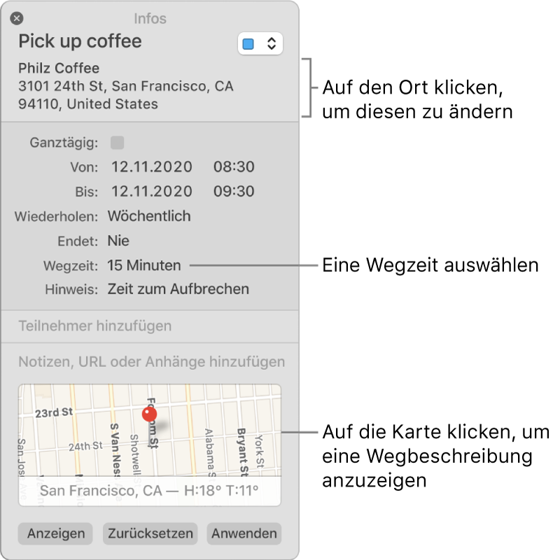 Infofenster für ein Ereignis mit dem Zeiger über dem Einblendmenü „Wegzeit“ Wähle eine Wegzeit aus dem Einblendmenü aus. Klicke auf den Ort, um diesen zu ändern. Klicke auf die Karte, um eine Wegbeschreibung zu erhalten.