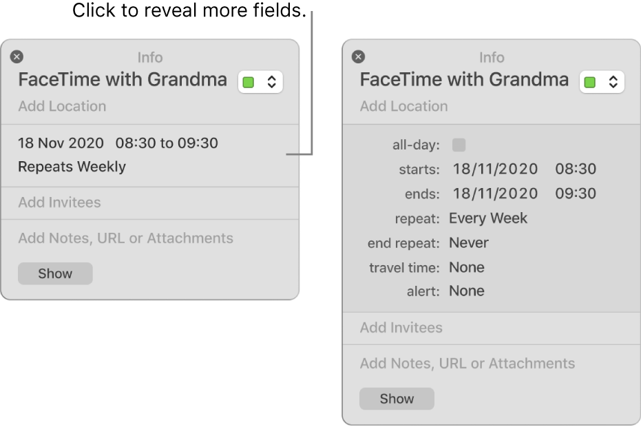 The image on the left shows an unexpanded Info window for an event. On the right, the Info window for the same event is expanded to show additional fields, such as starts, ends, repeat and travel time.