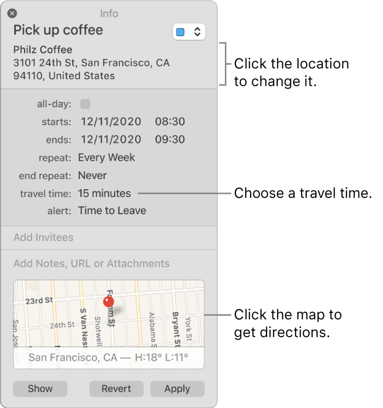 Info window for an event, with the pointer over the Travel Time pop-up menu. Choose a travel time from the pop-up menu. Click the location to change it. Click the map to get directions