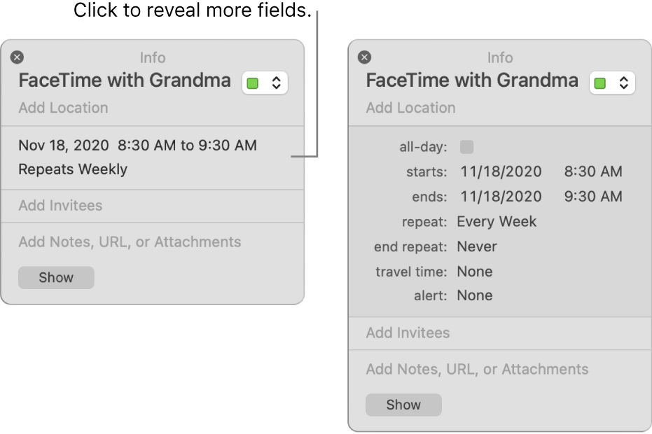 The image on the left shows an unexpanded Info window for an event. On the right, the Info window for the same event is expanded to show additional fields, such as starts, ends, repeat, and travel time.