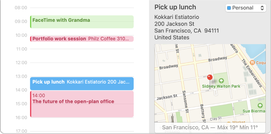 Una ventana de Calendario con visualización por día, con un evento seleccionado. Los detalles de un evento se muestran a la derecha, con el nombre de la ubicación y la dirección, así como un mapa pequeño.