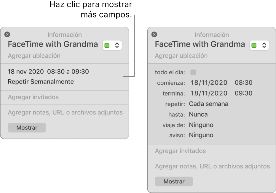 La imagen a la izquierda muestra una ventana de información sin expandir de un evento. A la derecha, la ventana de información del mismo evento está expandida y muestra los campos adicionales como inicia, termina, repetir y duración del viaje.