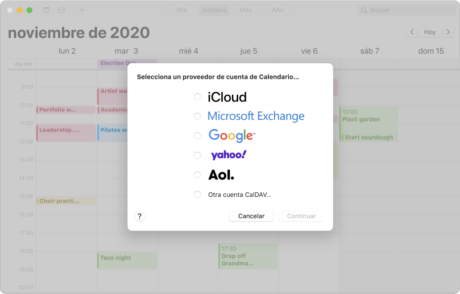 Una ventana de Calendario con el panel “Añadir cuenta”.