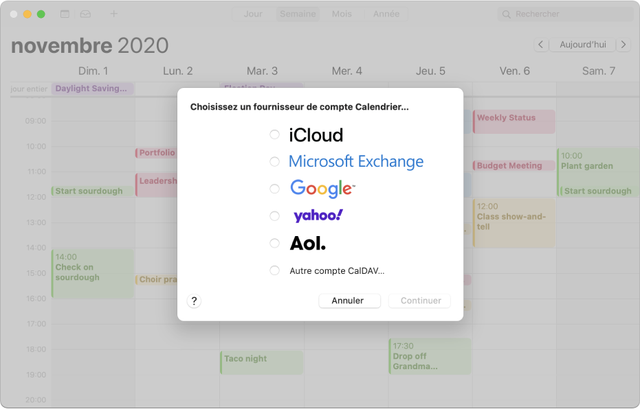 Une fenêtre Calendrier affichant la sous-fenêtre Ajouter un compte.
