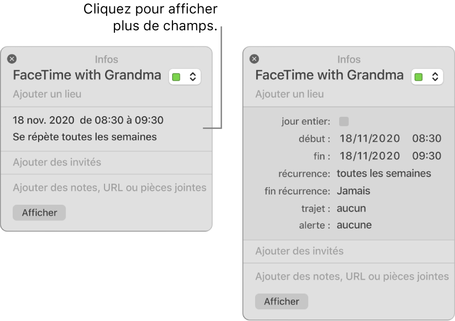 L’image sur la gauche montre une fenêtre d’informations condensée pour un événement. Sur la droite, la fenêtre d’information pour ce même événement est développée et contient des champs supplémentaires, tels que l’heure de début, l’heure de fin, la récurrence et la durée de trajet.