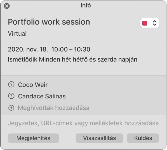 Esemény információs ablaka; a levágás csak a meghívottakat jeleníti meg