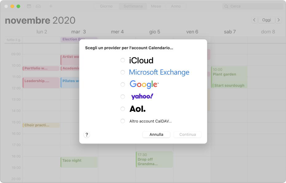 Una finestra di Calendario che mostra il pannello “Aggiungi account”.