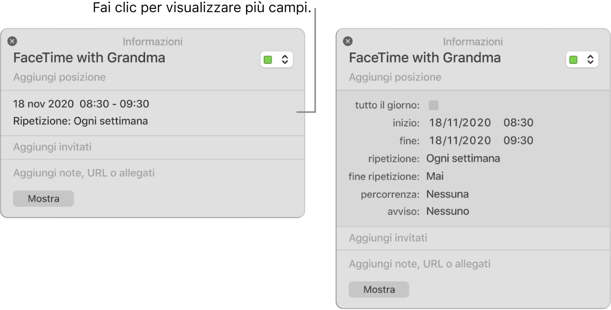 L'immagine a sinistra mostra la finestra compressa delle informazioni relative a un evento. A destra, la finestra delle informazioni dello stesso evento è espansa e mostra ulteriori campi, come l'ora di inizio e di fine, la ripetizione e il tempo di percorrenza.