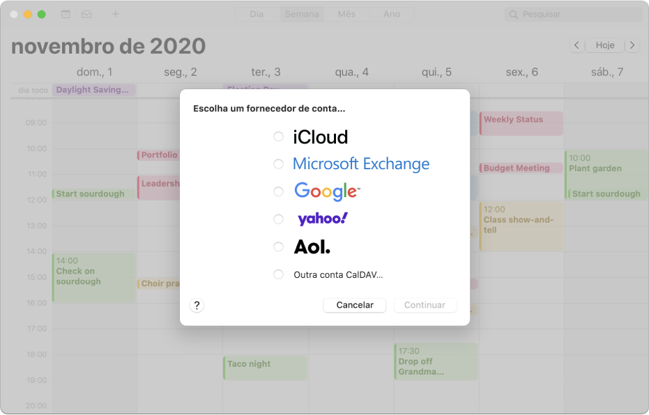Uma janela do Calendário com o painel “Adicionar conta”
