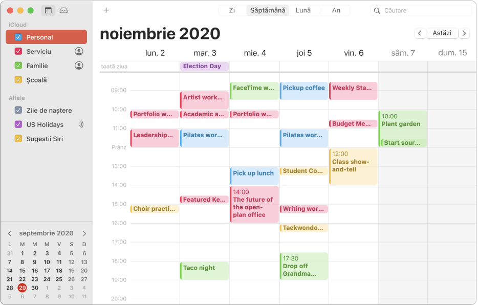 O fereastră Calendar în vizualizarea Lună prezentând calendare personale, profesionale, familiale și școlare cu coduri de culoare în bara laterală, sub antetul de cont iCloud.