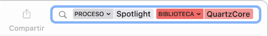 Campo de búsqueda en la ventana de Consola con criterios de búsqueda para buscar mensajes en los procesos de Spotlight, pero no en la biblioteca de QuartzCore.