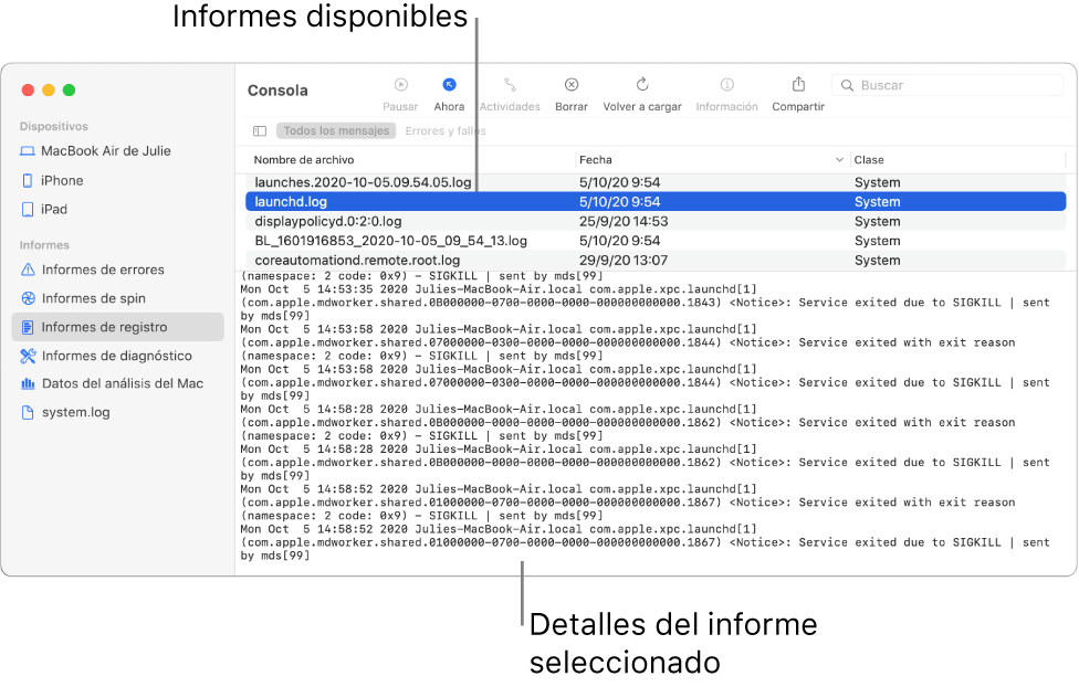 La ventana Consola con las categorías de informes en la barra lateral, informes en las secciones superior y derecha de la barra lateral, y detalles de informes en la parte inferior.