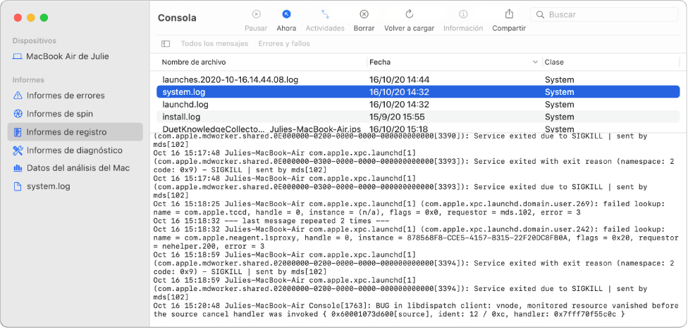 La ventana Consola con el informe wifi.log seleccionado y los detalles a continuación.