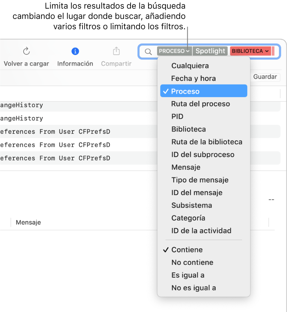 El campo de búsqueda, situado en la parte superior de la ventana de Consola, con dos filtros de búsqueda en el campo y un menú debajo de uno de ellos. Puedes concretar los resultados de la búsqueda cambiando el filtro, añadiendo varios filtros o redefiniendo el filtro.