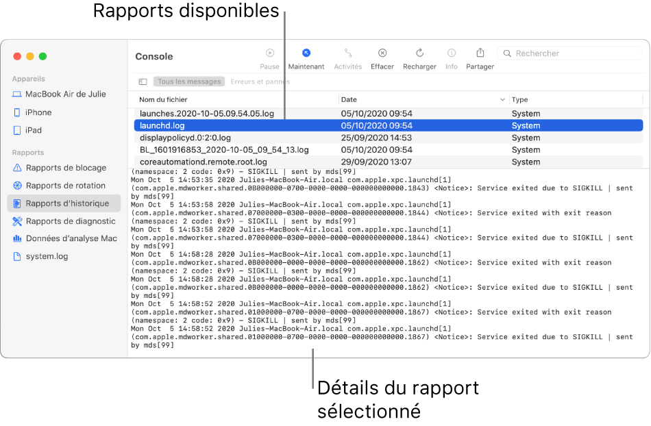 Fenêtre de Console présentant les catégories de rapport dans la barre latérale, les rapports en haut à droite de la barre latérale, et les détails des rapports en dessous.