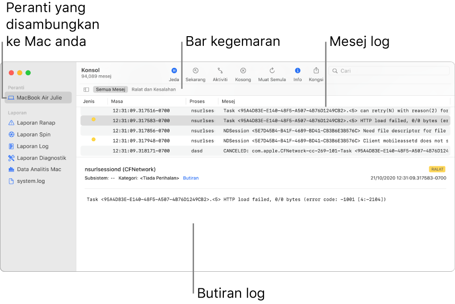 Tetingkap Konsol menunjukkan peranti bersambung kepada Mac anda di sebelah kiri, mesej log di sebelah kanan dan butiran log di bawah; terdapat juga bar Kegemaran menunjukkan carian disimpan anda.