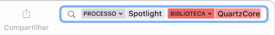 Campo de busca na janela do Console com o critério de busca definido para encontrar mensagens do processo Spotlight, mas não da biblioteca QuartzCore.