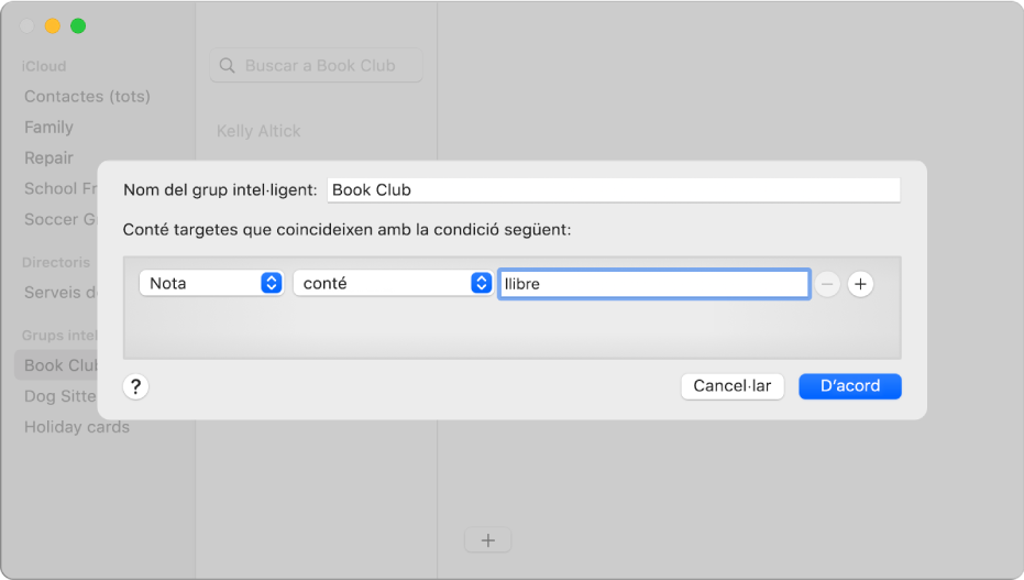 Finestra per afegir un grup intel·ligent, amb un grup anomenat “Club de lectura” que conté els contactes que tenen la paraula “lectura” al seu camp Nota.