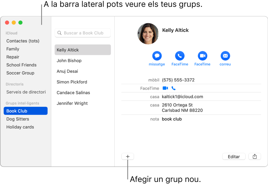 Finestra de l’app Contactes amb la barra lateral amb grups com ara “Grup de ciclisme” i el botó a la part inferior d’una targeta de contacte per afegir un grup nou.