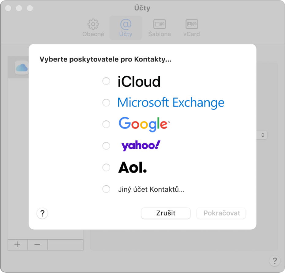 Okno pro přidávání internetových účtů do aplikace Kontakty