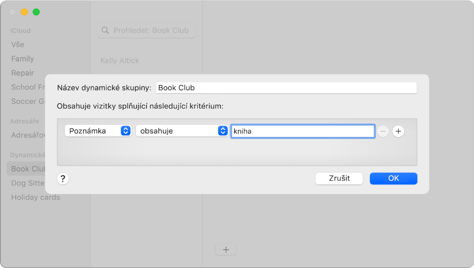 Okno pro přidání nové dynamické skupiny se zobrazenou skupinou Čtenářský klub. V této skupině jsou obsaženy kontakty, které mají ve svém poli Poznámka uvedeno slovo „četba“.
