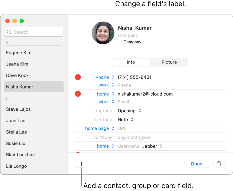 A contact card showing a field label that can be changed and the button at the bottom of the card for adding a contact, group or card field.