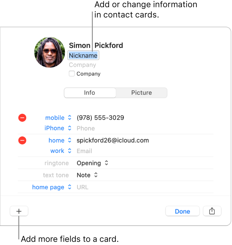 A contact card showing the nickname field below the contact’s name and a button at the bottom of the window for adding more fields to the card.