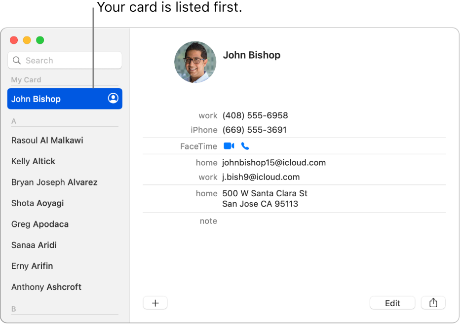 The Contacts sidebar showing the “me” card listed at the top.