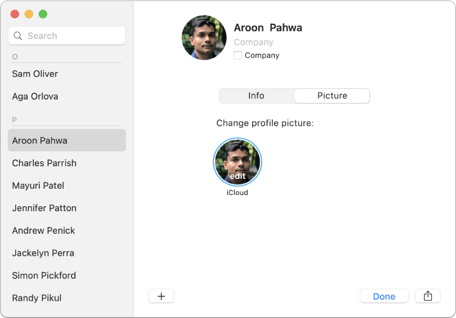 In the Contacts window, on the left, a contact is selected in the list of contacts. On the right, in the Picture pane of the contact’s card, is the contact’s profile picture that you click to change.