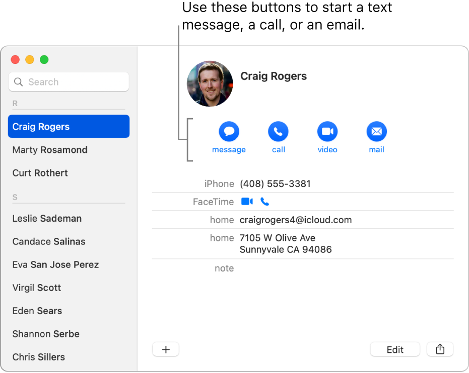 A contact card showing the buttons located below the contact’s name. You can use these buttons to start a text message, a phone, audio, or video call, or an email.