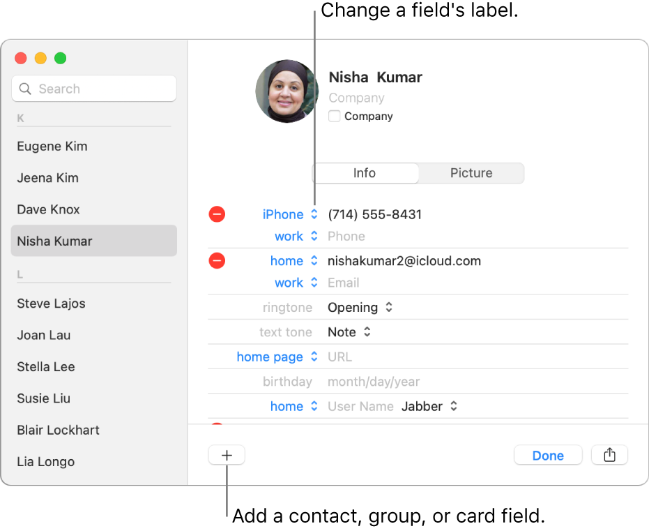 A contact card showing a field label that can be changed and the button at the bottom of the card for adding a contact, group, or card field.