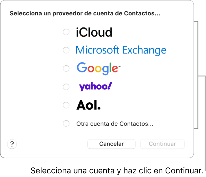 La lista de los tipos de cuenta de Internet que puedes agregar a la app Contactos: iCloud, Exchange, Google, Yahoo, AOL y “Otra cuenta de Contactos”.