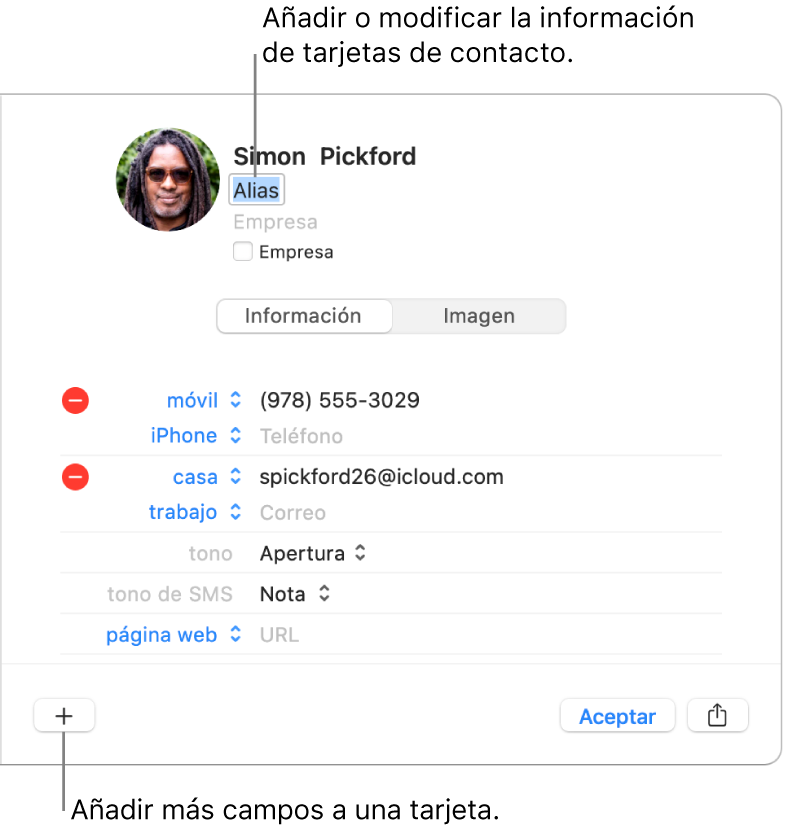 Una tarjeta de contacto que muestra el campo de alias por debajo del nombre de contacto y un botón para añadir más campos a la tarjeta en la parte inferior de la ventana.