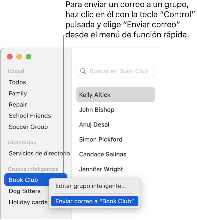 La barra lateral de Contactos que muestra el comando del menú desplegable para enviar un correo electrónico al grupo seleccionado.