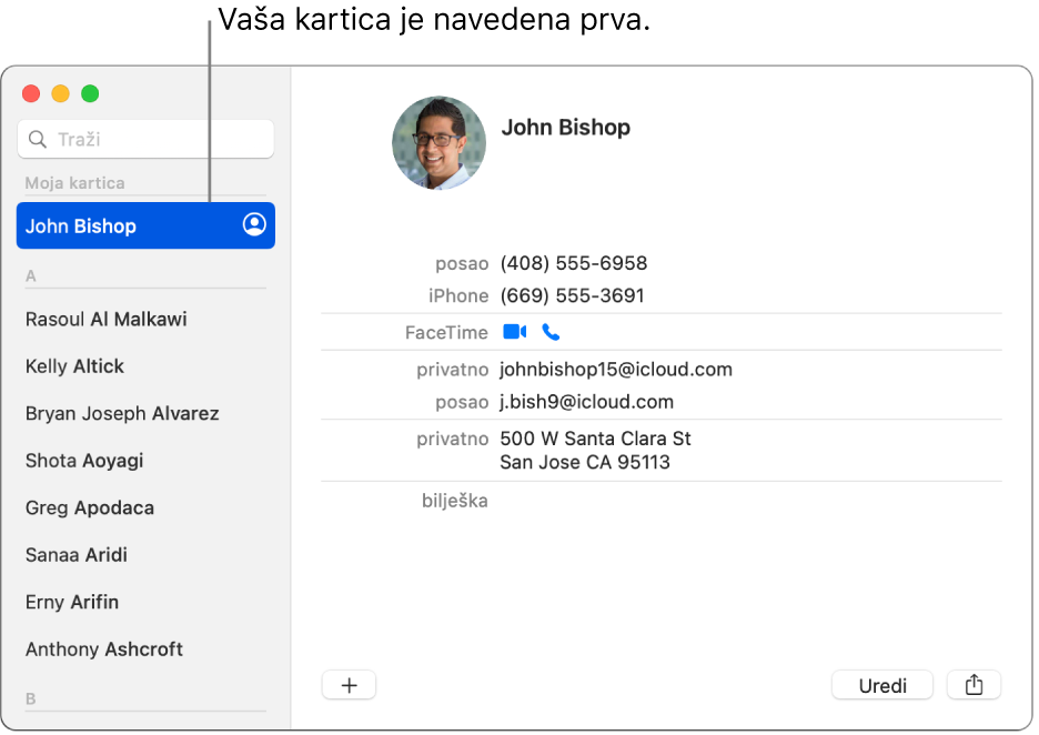 Rubni stupac aplikacije Kontakti prikazuje karticu “ja” navedenu na vrhu.