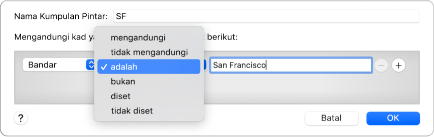 Tetingkap Kumpulan Pintar menunjukkan kumpulan yang dinamakan SF dan syarat dengan tiga kriteria: Bandar dalam medan pertama, dipilih daripada menu timbul dalam medan kedua dan San Francisco dalam medan ketiga.
