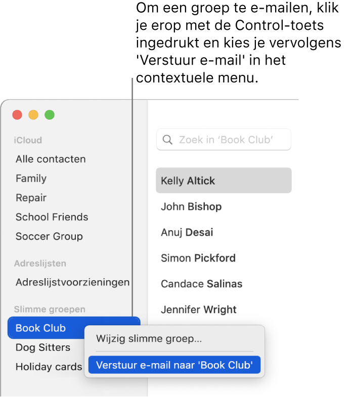 De navigatiekolom van Contacten met een venstermenu waarin het commando is geselecteerd om e-mail naar de groep te versturen.