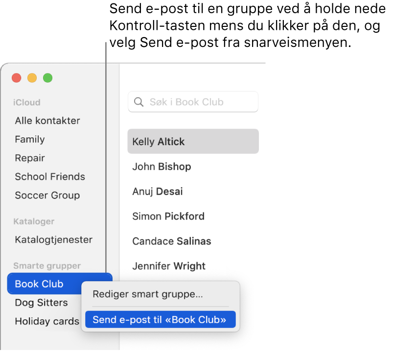 Kontakter-sidepanelet, som viser en lokalmeny der kommandoen for å sende e-post til gruppen er markert.