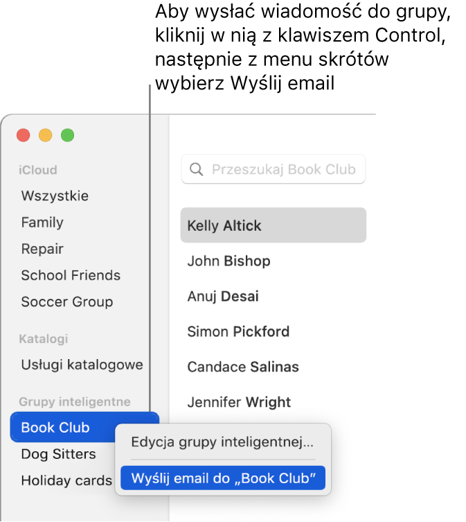 Pasek boczny Kontaktów z menu podręcznym grupy, zawierającym polecenie pozwalające na wysłanie wiadomości email do zaznaczonej grupy.