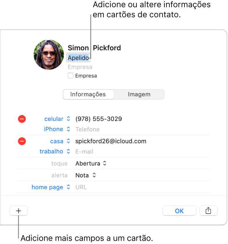 Cartão de contato mostrando o campo de apelido abaixo do nome do contato e um botão na parte inferior da janela para adicionar mais campos ao cartão.