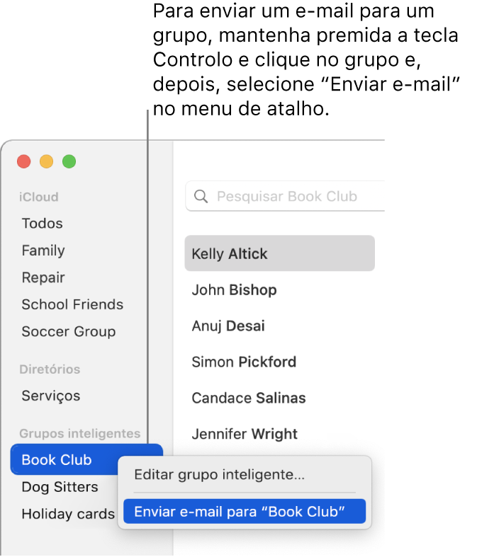 A barra lateral da aplicação Contactos a mostrar o menu pop-up com o comando para enviar um e-mail para o grupo selecionado.