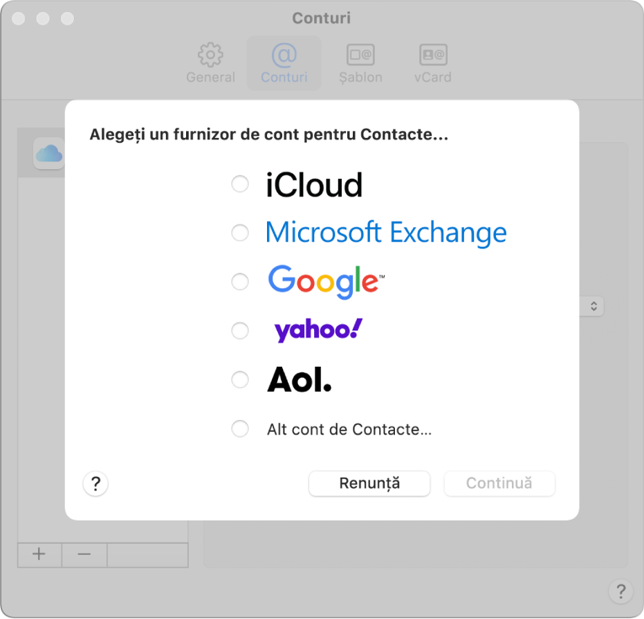 Fereastra pentru adăugarea conturilor de internet în aplicația Contacte.