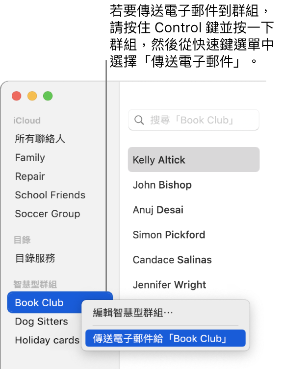 聯絡人側邊欄中顯示帶有指令的彈出式選單，以傳送電子郵件給選取的群組。