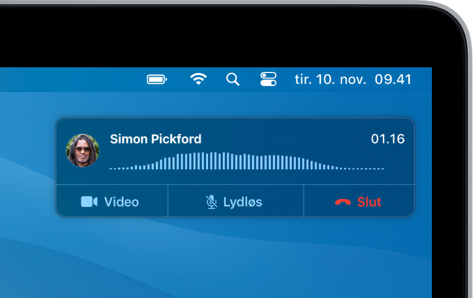 I øverste højre hjørne af skærmen på din Mac vises en notifikation om, at et telefonopkald er i gang.