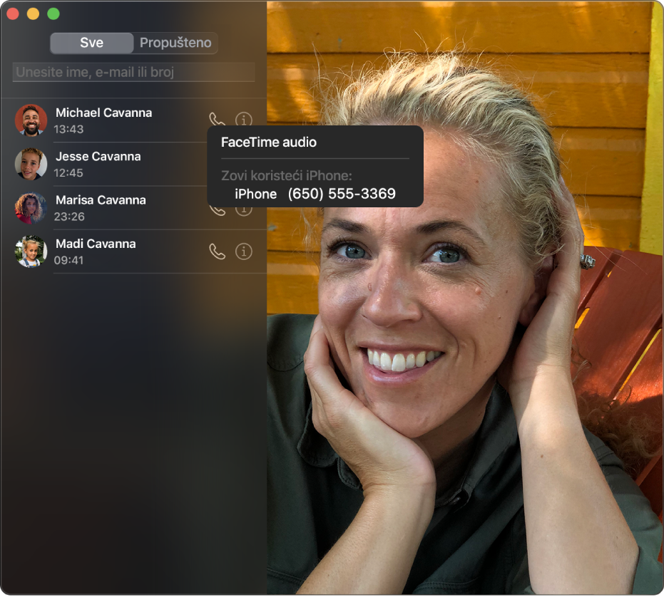 FaceTime prozor prikazuje kako možete uputiti FaceTime audio ili video poziv.