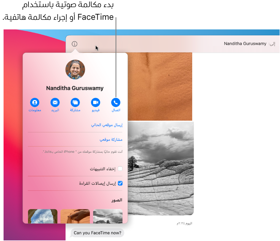 عرض التفاصيل، الذي يظهر بعد النقر على زر التفاصيل في محادثة. استخدم زر الاتصال الموجود على اليمين لبدء مكالمة صوتية باستخدام FaceTime أو لإجراء مكالمة هاتفية.