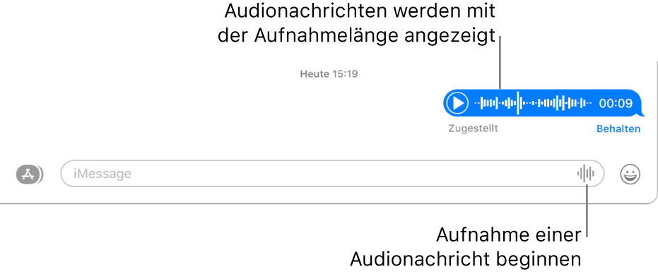 Eine Konversation im Fenster „Nachrichten“ mit der Taste zum Aufnehmen von Audio neben dem Textfeld unten im Fenster. In der Konversation wird eine Audionachricht mit der Länge der Aufnahme angezeigt.