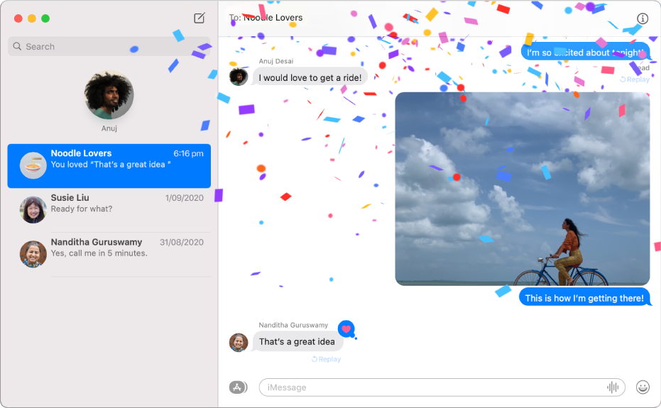 The Messages window with several conversations listed in the sidebar at the left, and a conversation showing at the right. The conversation includes confetti message effects, a photo and a Tapback on the last message.