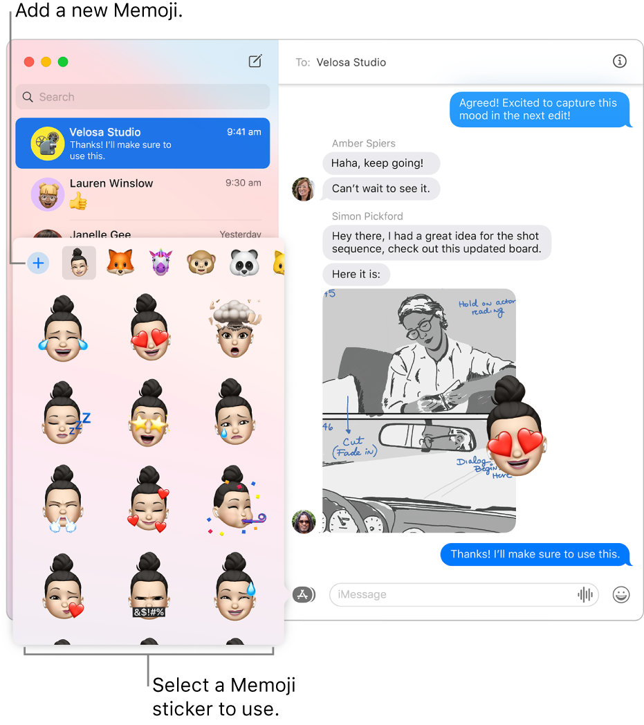 The Messages window with several conversations listed in the sidebar at the left and a conversation showing at the right. When choosing Memoji Stickers from the Apps button, you can select a Memoji sticker to use or create a new Memoji.